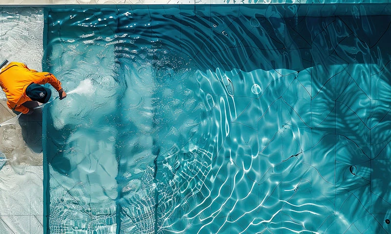 Pool technician cleaning pool